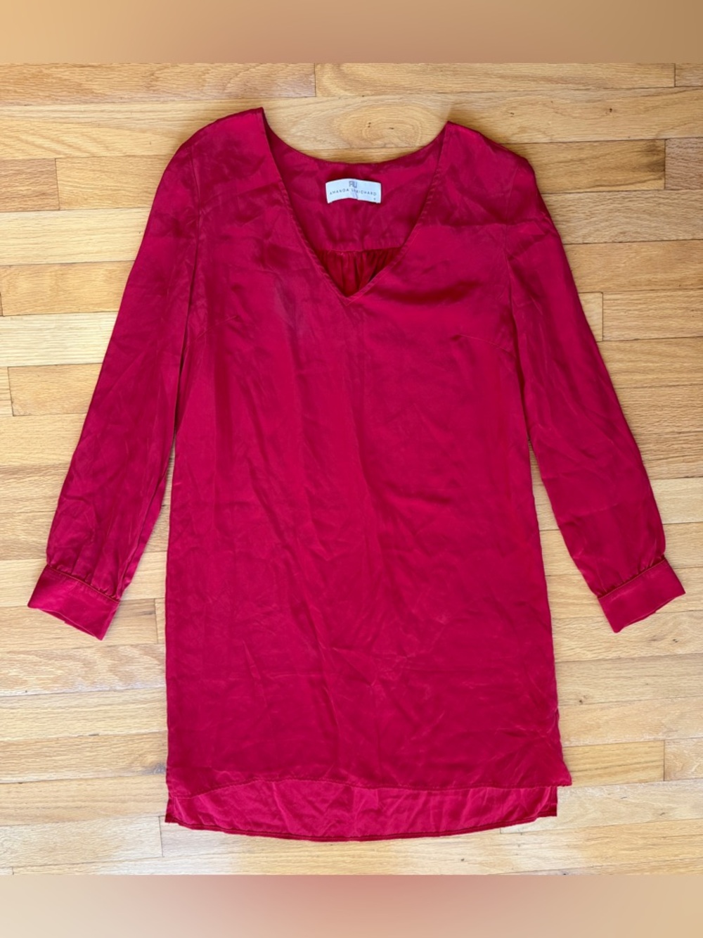 Amanda Uprichard Berry Red Long Sleeve V-Neck Silk Dress Womens S
